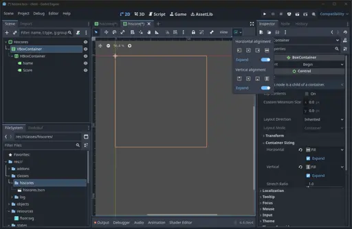 VBoxContainer sizing settings